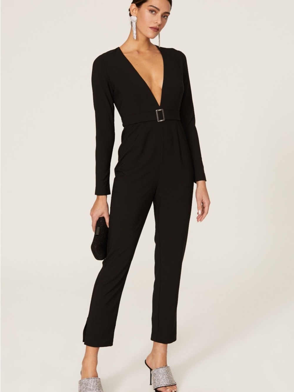 Hutch Black Deep V-Neck Long Sleeve Jumpsuit with Buckle Belt